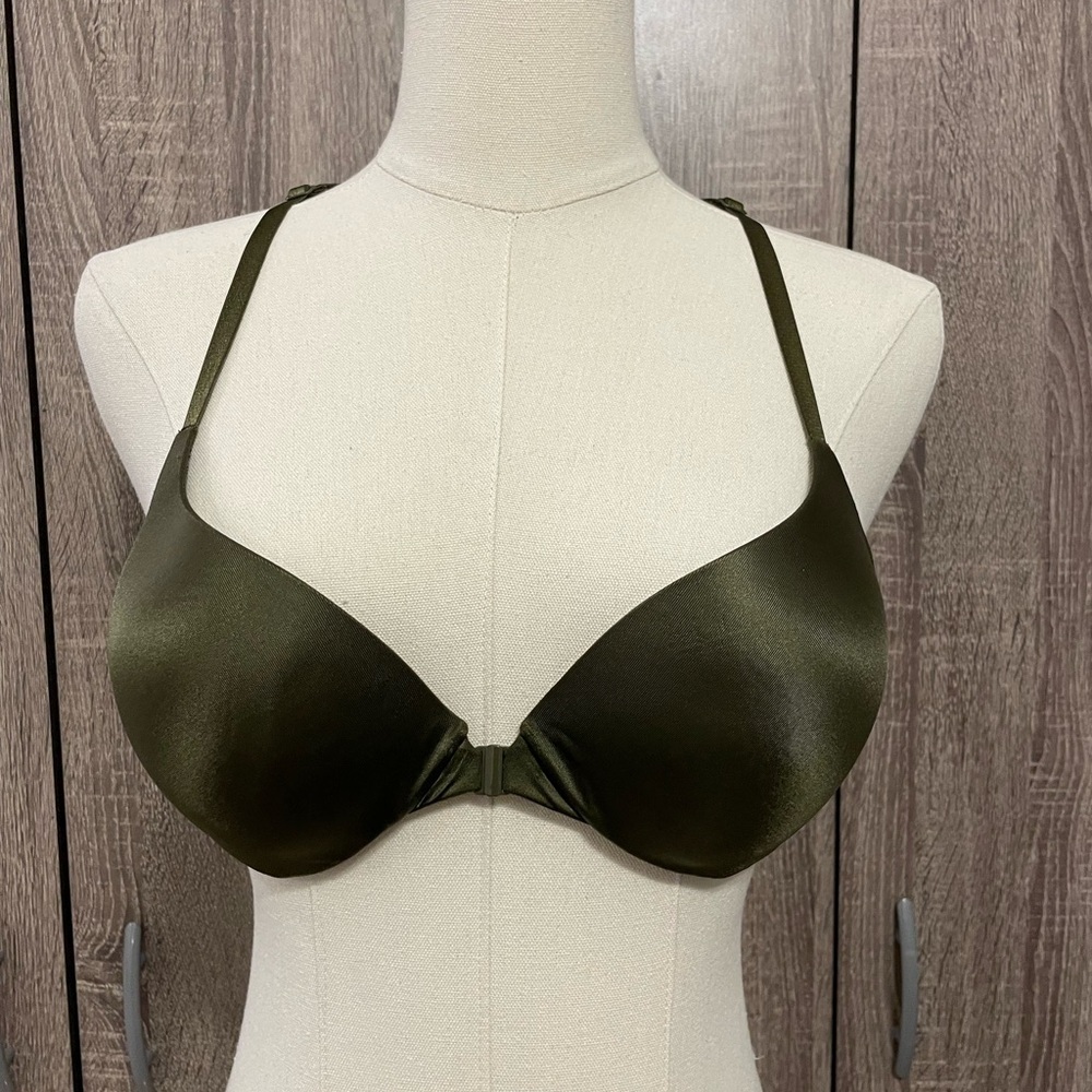 VICTORIAS SECRET Army Green Satin “Very Sexy” Plunge Bra. 32C